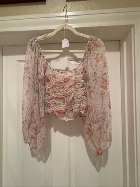 0029. Smocked Floral Crop Top in Cream with Coral Print